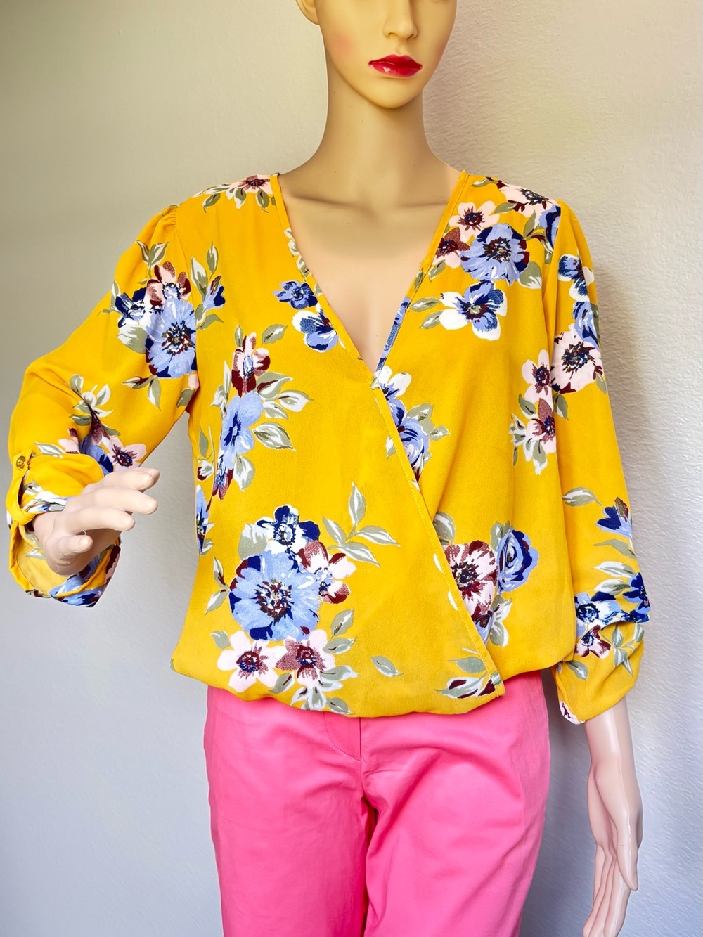 Midnight Sky Floral Wrap Blouse in Mustard Yellow long sleeves